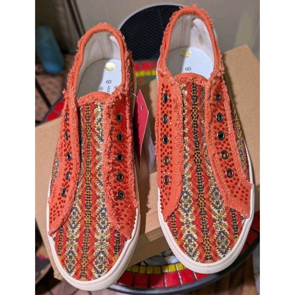 Montana West Aztec Rhinestone Canvas Slip On Sneakers Orange Womens 8  NWT
